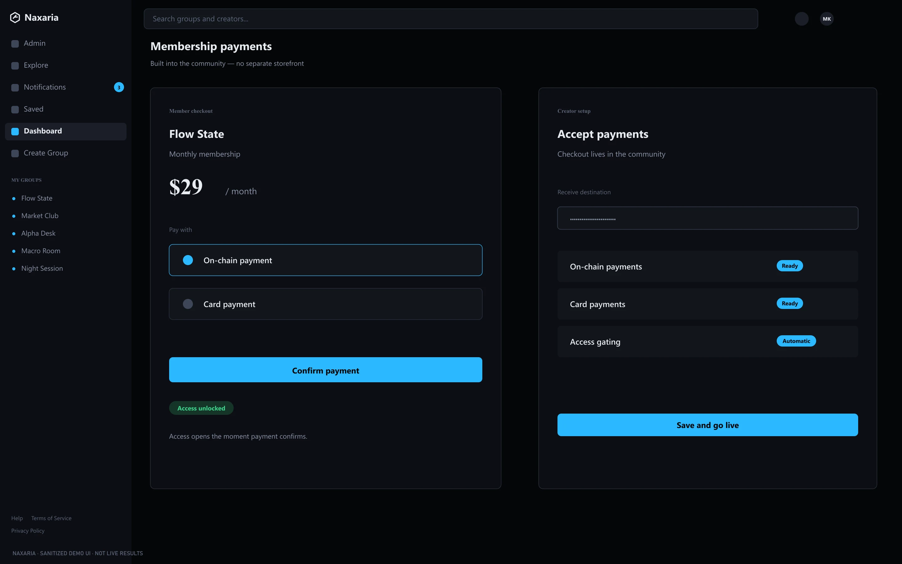 Membership checkout and creator payment setup inside a community
